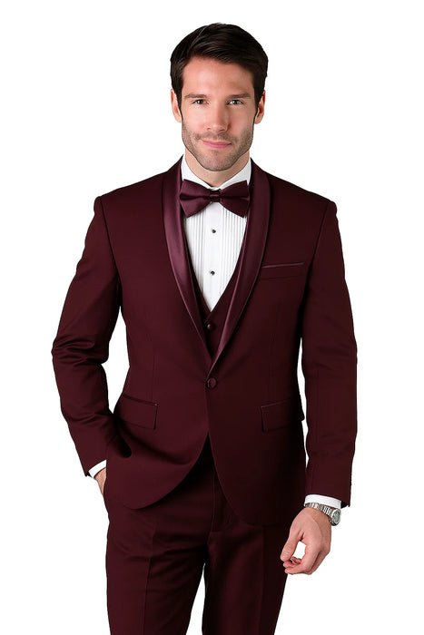Mens Wool One Button Modern Fit Vested Shawl Prom Tuxedo in Burgundy
