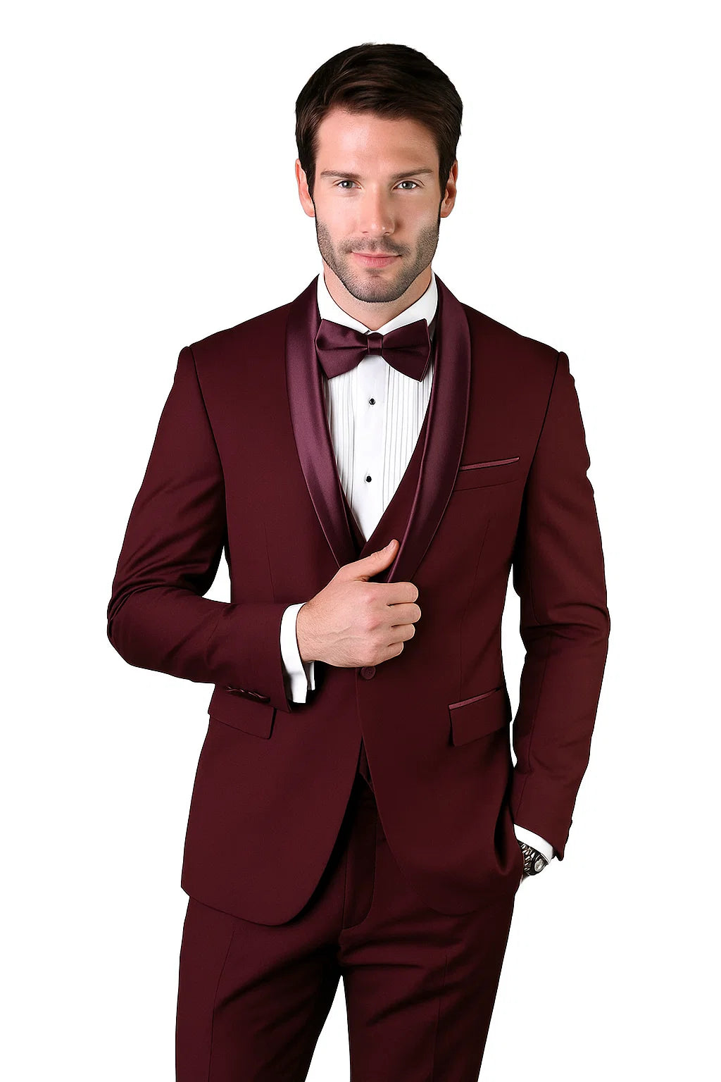 Mens Wool One Button Modern Fit Vested Shawl Prom Tuxedo in Red Red Tuxedos for Prom main image 1