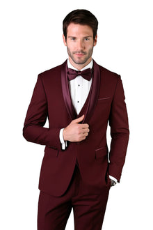 Mens Wool One Button Modern Fit Vested Shawl Prom Tuxedo in Burgundy