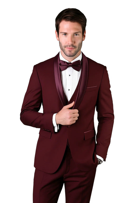 Mens Wool One Button Modern Fit Vested Shawl Prom Tuxedo in Burgundy