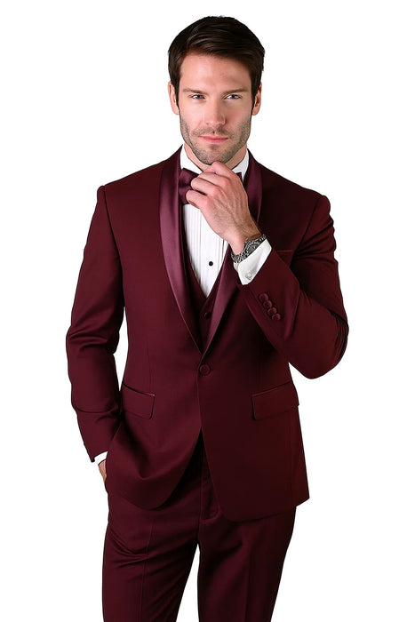 Mens Wool One Button Modern Fit Vested Shawl Prom Tuxedo in Burgundy