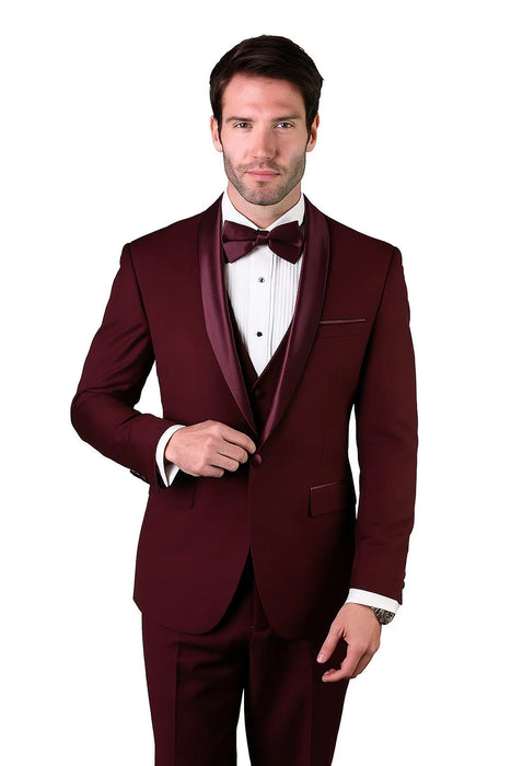Mens Wool One Button Modern Fit Vested Shawl Prom Tuxedo in Burgundy