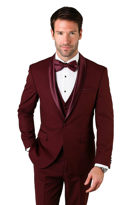 Mens Wool One Button Modern Fit Vested Shawl Prom Tuxedo in Burgundy