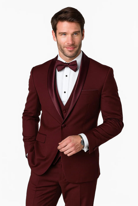 Mens Wool One Button Modern Fit Vested Shawl Prom Tuxedo in Burgundy