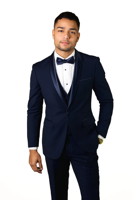 Mens Wool One Button Modern Fit Shawl Prom Tuxedo in Navy