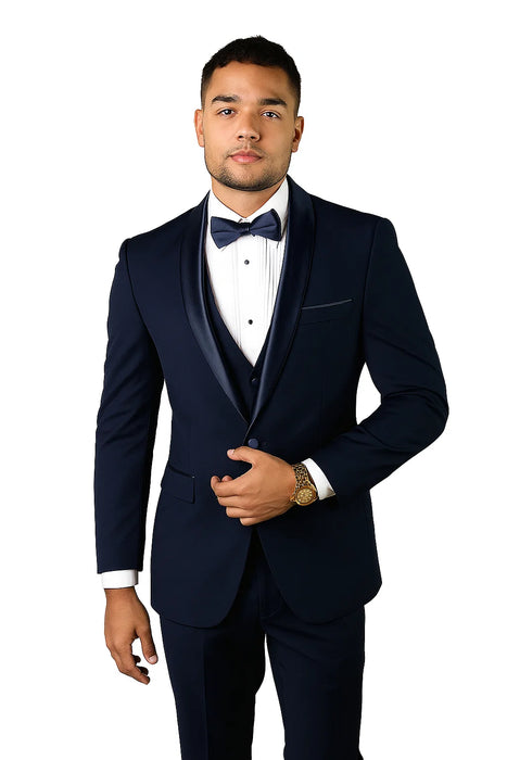 Mens Wool One Button Modern Fit Shawl Prom Tuxedo in Navy