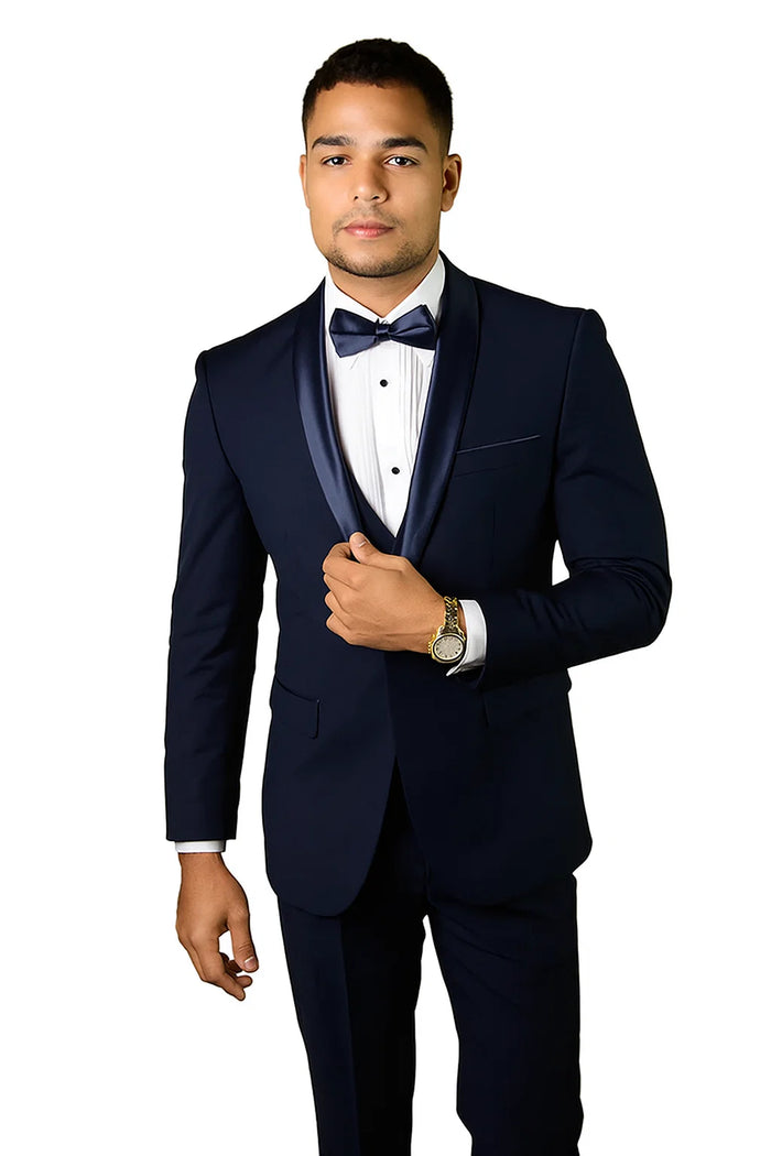 Mens Wool One Button Modern Fit Shawl Prom Tuxedo in Navy