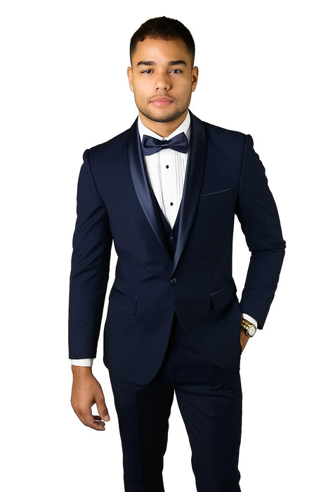 Mens Wool One Button Modern Fit Shawl Prom Tuxedo in Navy