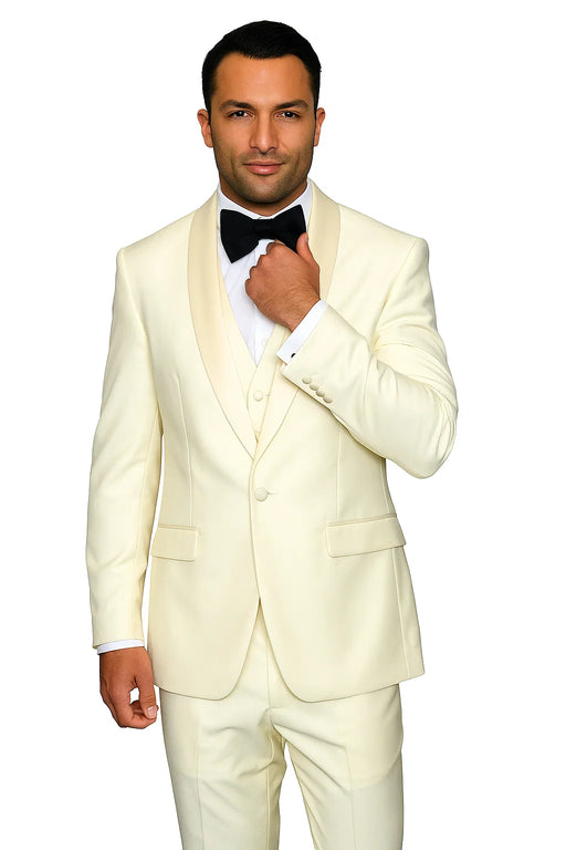 Mens Wool One Button Modern Fit Vested Shawl Prom Tuxedo in Ivory