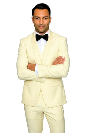 Mens Wool One Button Modern Fit Vested Shawl Prom Tuxedo in Ivory