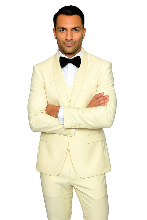 Mens Wool One Button Modern Fit Vested Shawl Prom Tuxedo in Ivory