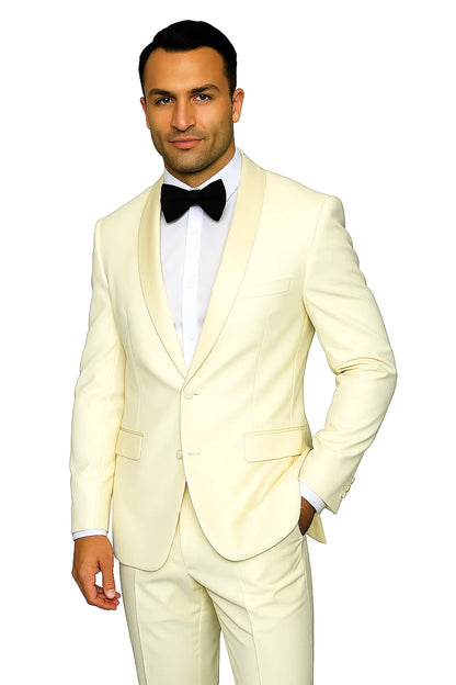 Mens Wool One Button Modern Fit Vested Shawl Prom Tuxedo in Ivory