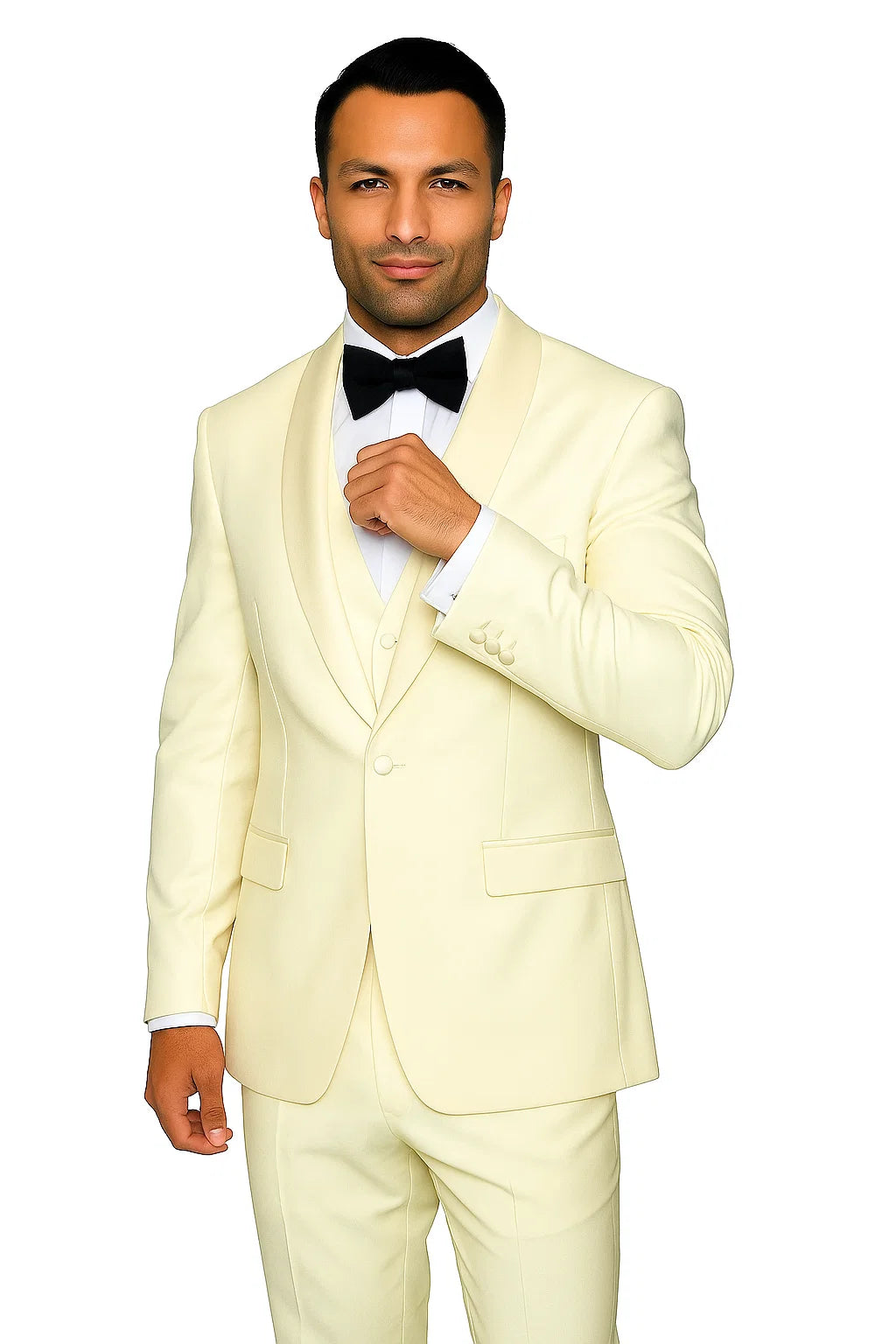 Mens Wool One Button Modern Fit Vested Shawl Prom Tuxedo in Ivory