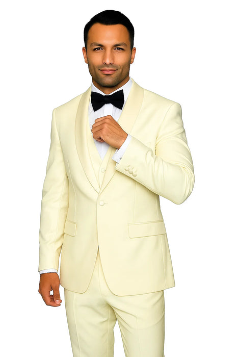 Mens Wool One Button Modern Fit Vested Shawl Prom Tuxedo in Ivory