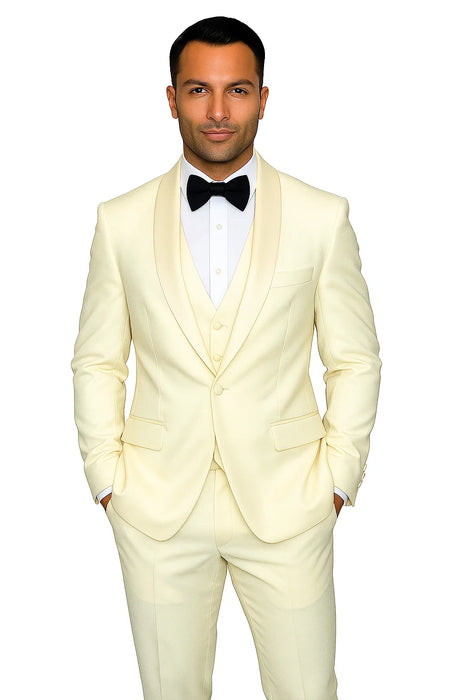 Mens Wool One Button Modern Fit Vested Shawl Prom Tuxedo in Ivory
