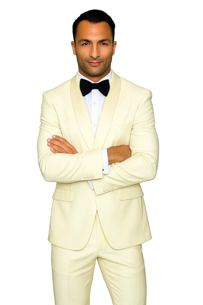 Mens Wool One Button Modern Fit Vested Shawl Prom Tuxedo in Ivory