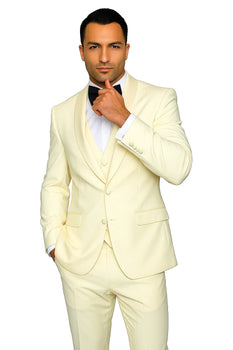 Mens Wool One Button Modern Fit Vested Shawl Prom Tuxedo in Ivory