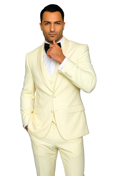 Mens Wool One Button Modern Fit Vested Shawl Prom Tuxedo in Ivory