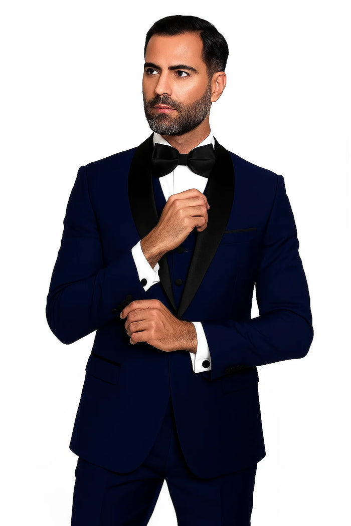 Mens Wool One Button Modern Fit Vested Shawl Prom Tuxedo in Sapphire Blue