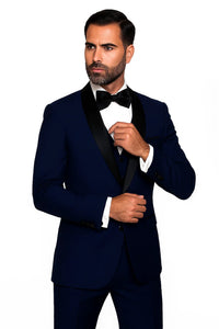 Mens Wool One Button Modern Fit Vested Shawl Prom Tuxedo in Sapphire Blue