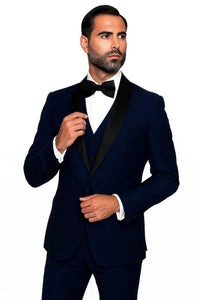 Mens Wool One Button Modern Fit Vested Shawl Prom Tuxedo in Sapphire Blue