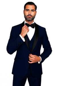 Mens Wool One Button Modern Fit Vested Shawl Prom Tuxedo in Sapphire Blue