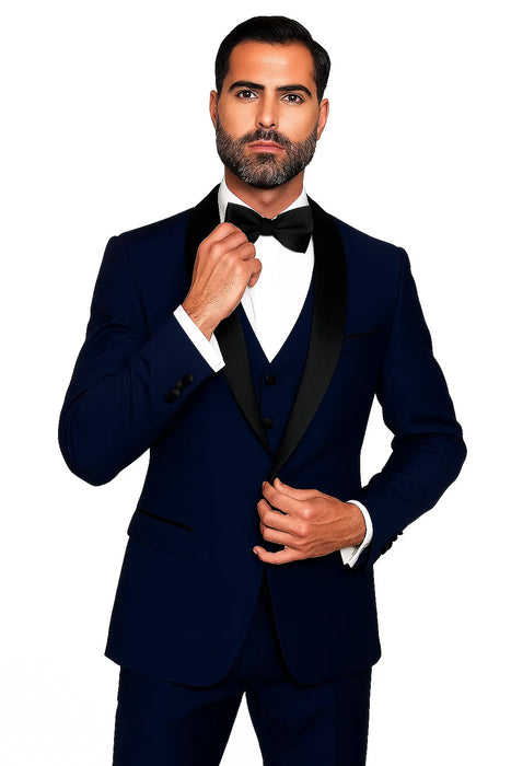 Mens Wool One Button Modern Fit Vested Shawl Prom Tuxedo in Sapphire Blue