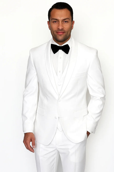 Mens Wool One Button Modern Fit Vested Shawl Prom Tuxedo in White