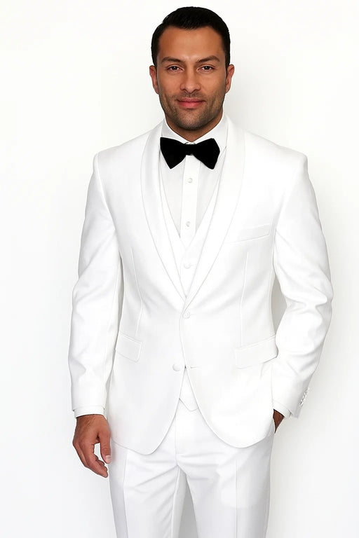 Mens Wool One Button Modern Fit Vested Shawl Prom Tuxedo in White