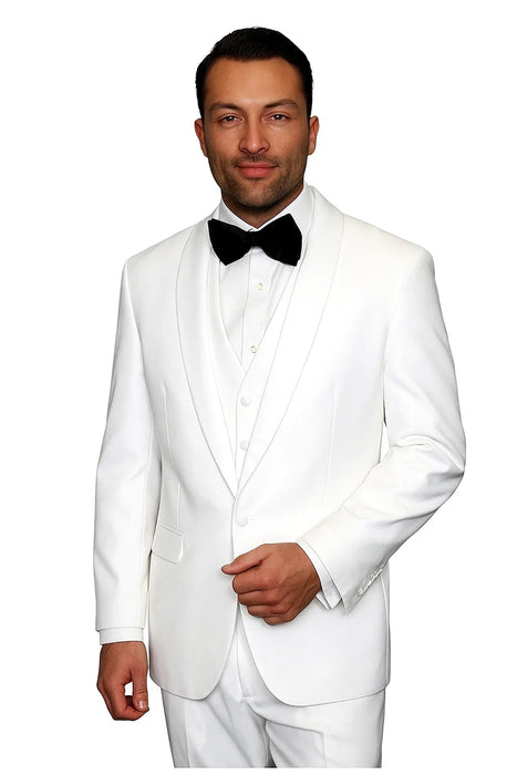 Mens Wool One Button Modern Fit Vested Shawl Prom Tuxedo in White
