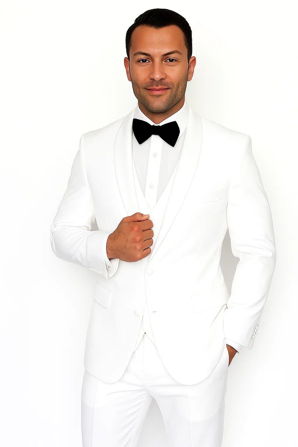 Mens Wool One Button Modern Fit Vested Shawl Prom Tuxedo in White