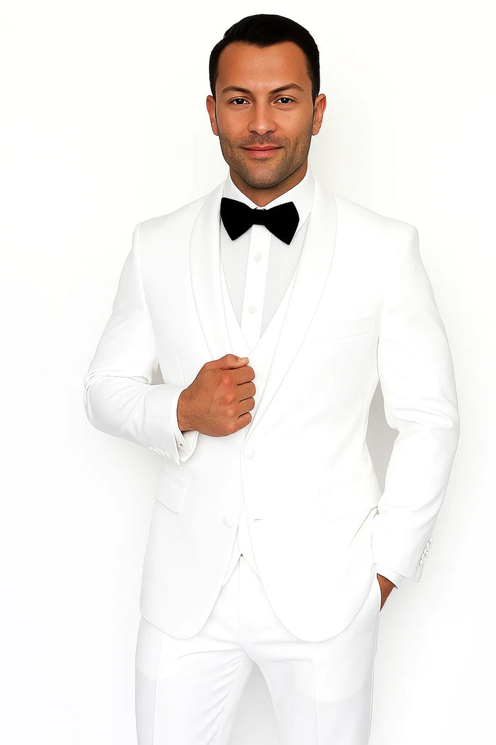 Mens Wool One Button Modern Fit Vested Shawl Prom Tuxedo in White