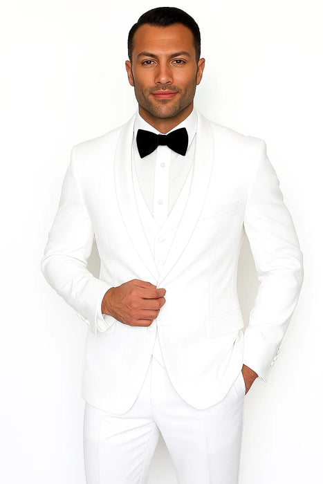 Mens Wool One Button Modern Fit Vested Shawl Prom Tuxedo in White