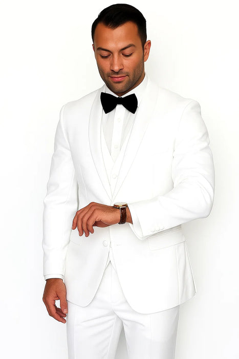 Mens Wool One Button Modern Fit Vested Shawl Prom Tuxedo in White