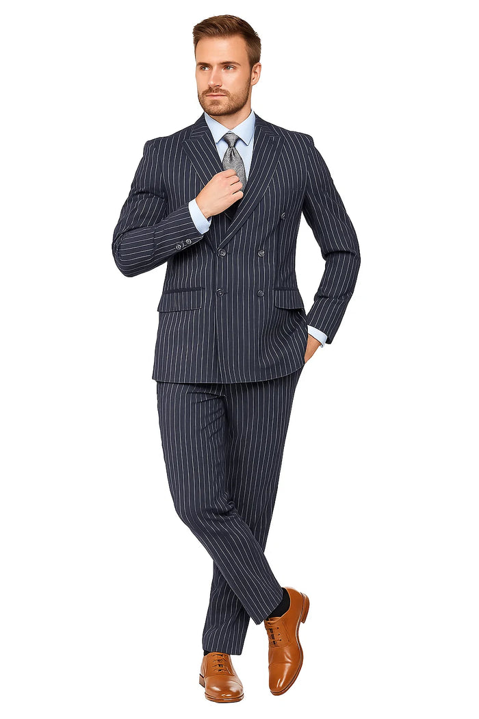 Men's Dark Navy Blue Double Breasted Suit Slim Fit Bold Stripe Peak Lapel Suit - Image 2