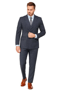 Men's Dark Navy Blue Double Breasted Suit Slim Fit Bold Stripe Peak Lapel Suit - Image 3