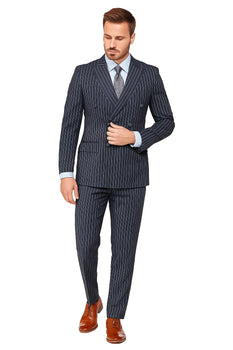 Men's Dark Navy Blue Double Breasted Suit Slim Fit Bold Stripe Peak Lapel Suit - Image 3