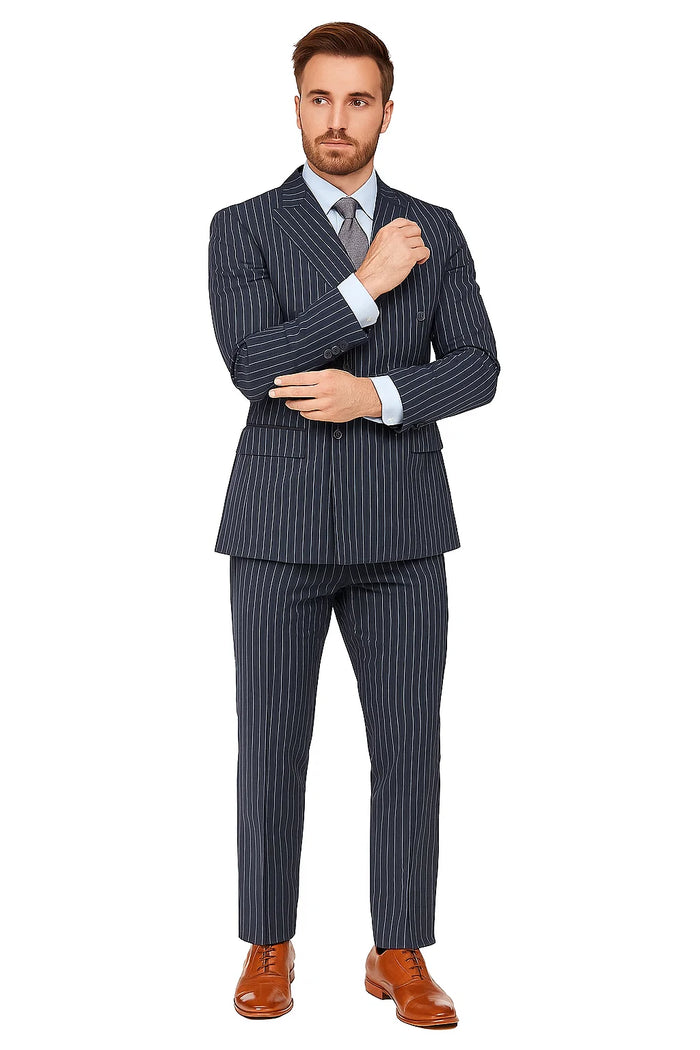Men's Dark Navy Blue Double Breasted Suit Slim Fit Bold Stripe Peak Lapel Suit - Image 4
