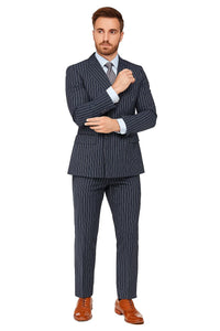 Men's Dark Navy Blue Double Breasted Suit Slim Fit Bold Stripe Peak Lapel Suit