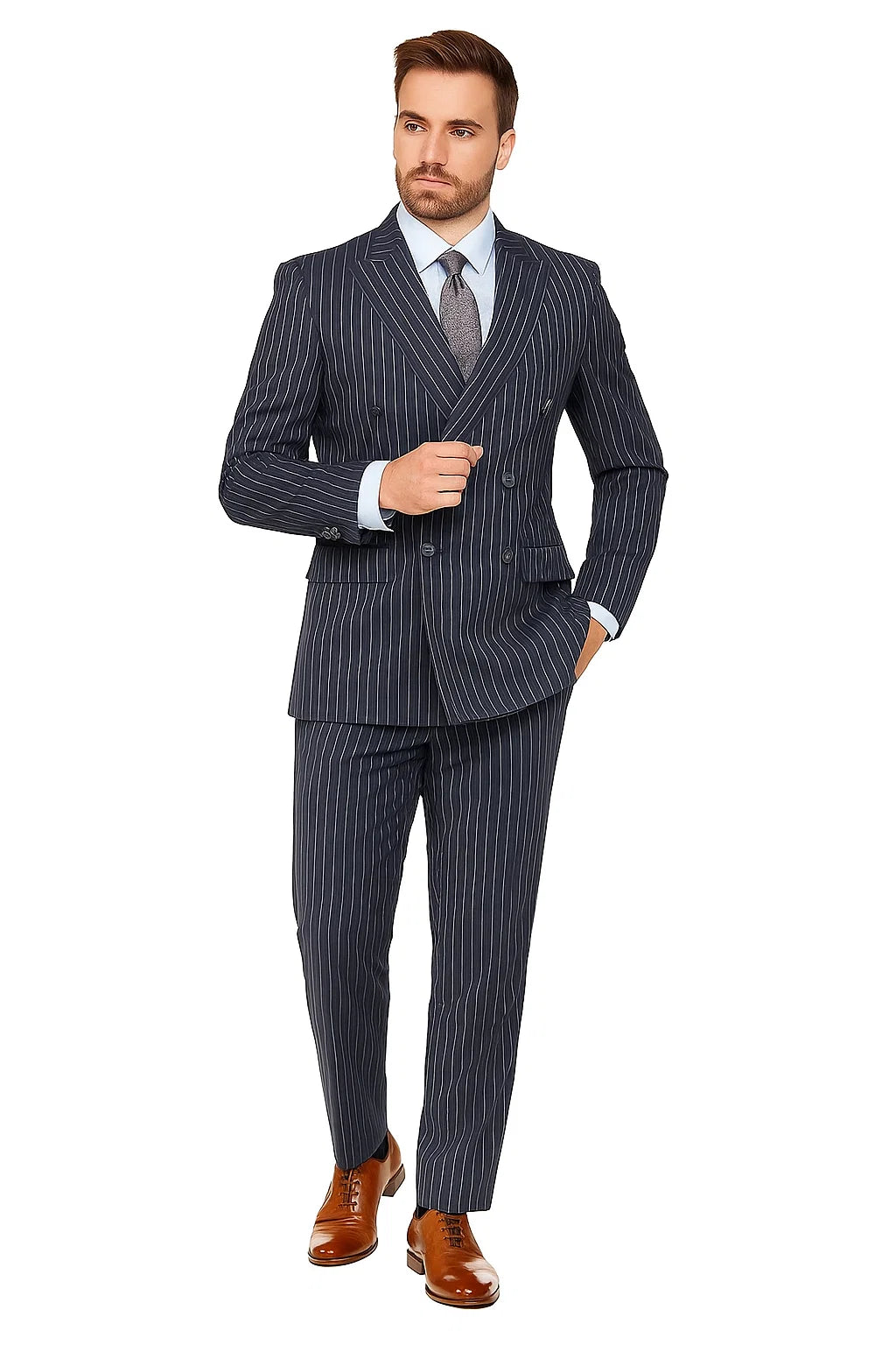 Men's Dark Navy Blue Double Breasted Suit Slim Fit Bold Stripe Peak Lapel Suit - Image 6