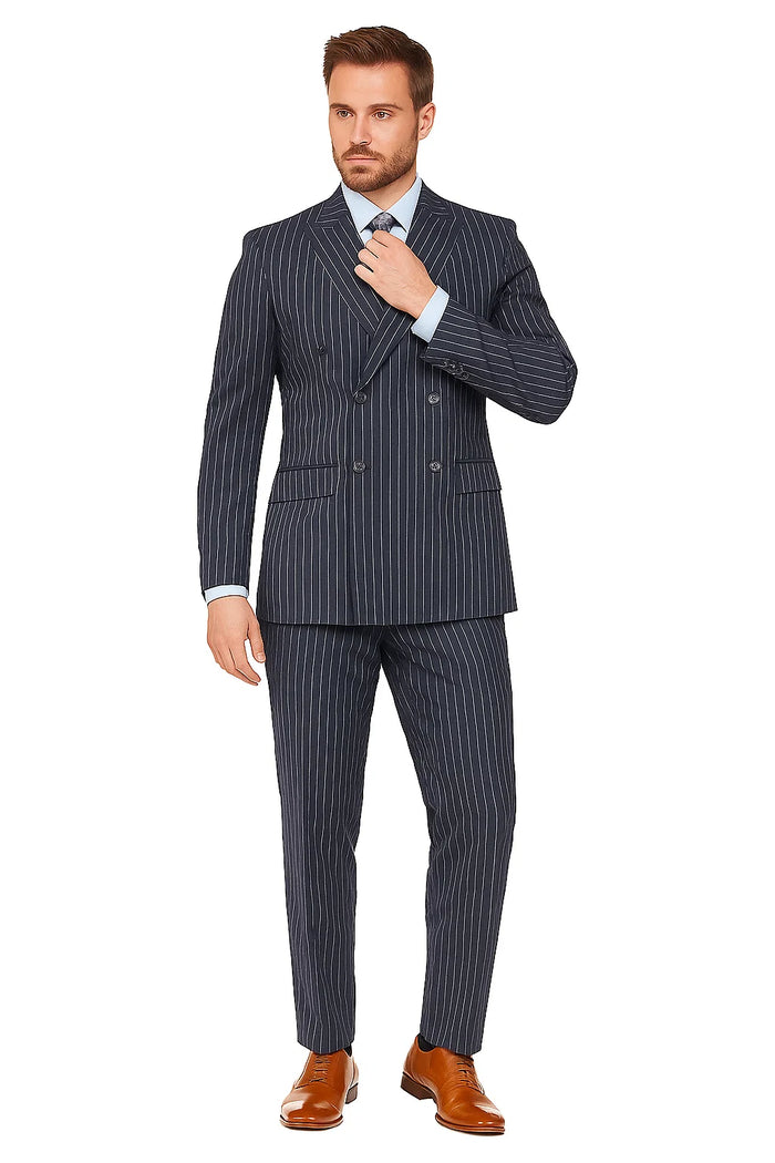 Men's Dark Navy Blue Double Breasted Suit Slim Fit Bold Stripe Peak Lapel Suit - Image 7