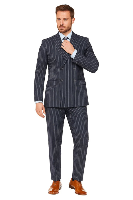 Men's Dark Navy Blue Double Breasted Suit Slim Fit Bold Stripe Peak Lapel Suit