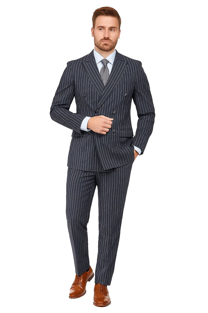 Men's Dark Navy Blue Double Breasted Suit Slim Fit Bold Stripe Peak Lapel Suit - Image 8