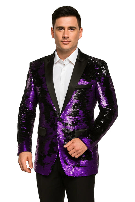 Mens Big and Tall Sequin Blazer - Shiny Fancy Sport Coat + Matching Bowtie + Purple Tuxedo