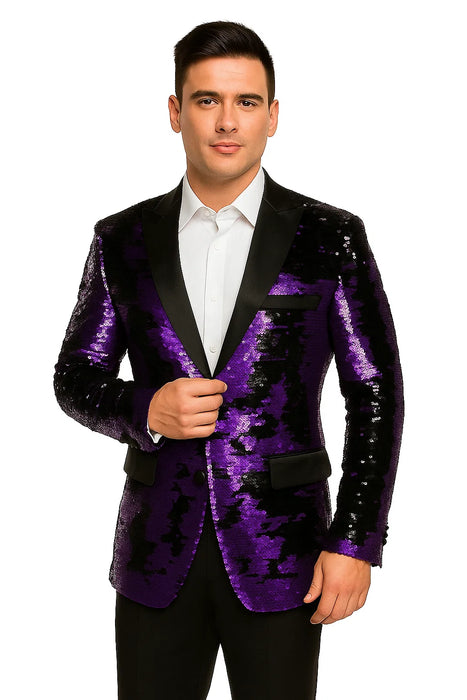 Mens Big and Tall Sequin Blazer - Shiny Fancy Sport Coat + Matching Bowtie + Purple Tuxedo