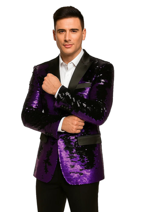 Mens Big and Tall Sequin Blazer - Shiny Fancy Sport Coat + Matching Bowtie + Purple Tuxedo