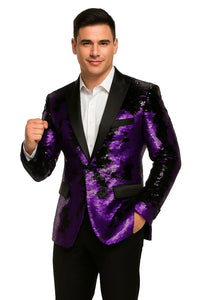 Mens Big and Tall Sequin Blazer - Shiny Fancy Sport Coat + Matching Bowtie + Purple Tuxedo