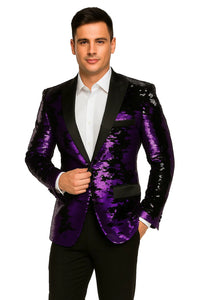 Mens Big and Tall Sequin Blazer - Shiny Fancy Sport Coat + Matching Bowtie + Purple Tuxedo