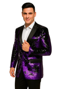 Mens Big and Tall Sequin Blazer - Shiny Fancy Sport Coat + Matching Bowtie + Purple Tuxedo
