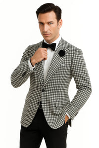 Mens Houndstooth Blazers Mens Two Button houndstooth checkered Designed  Black ~ White Blazer